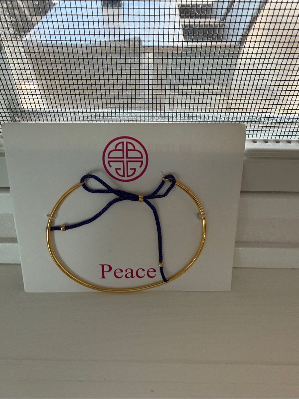 Budhagirl Wish Peace Gold Bangle Bracelet with Blue Cord